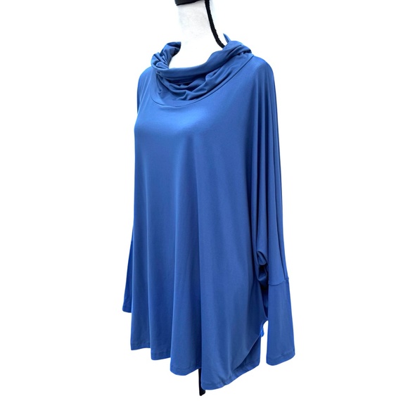 YANA K BLUE COWL NECK LONG SLEEVE OVERSIZED LOOSE FIT PONCHO TOP - Picture 7 of 11